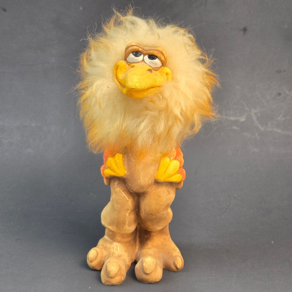 Vintage 1983 Vernon Whimsical Bird Figurine with Faux Fur Mane Fantasy Sculpture